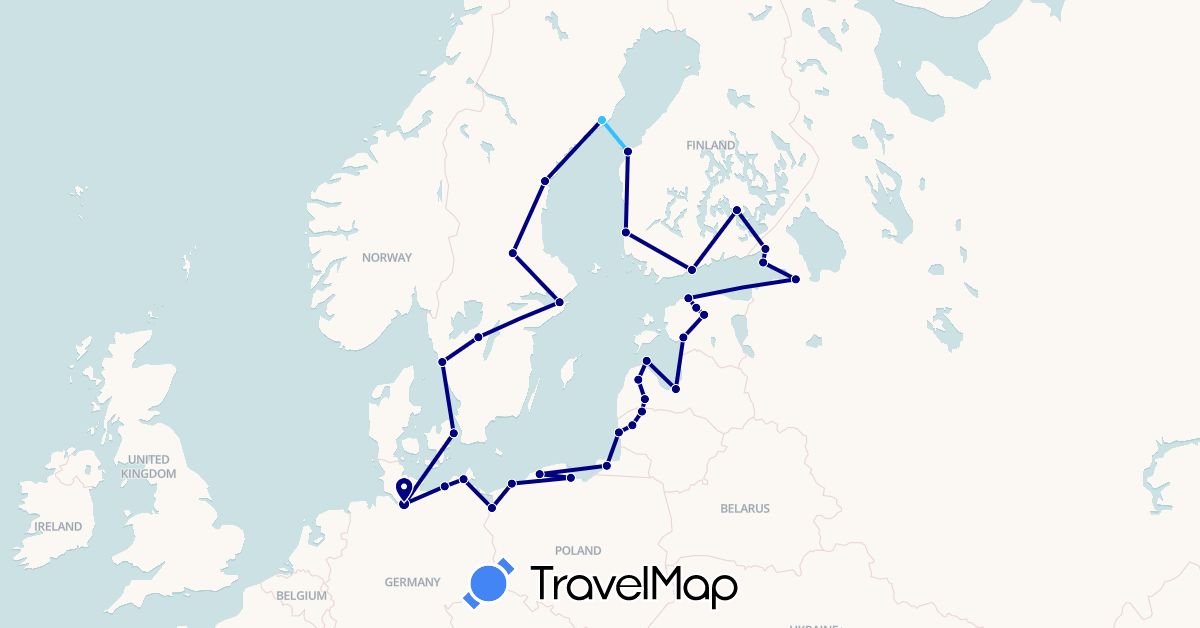 TravelMap itinerary: driving, boat in Germany, Denmark, Estonia, Finland, Lithuania, Latvia, Poland, Russia, Sweden (Europe)