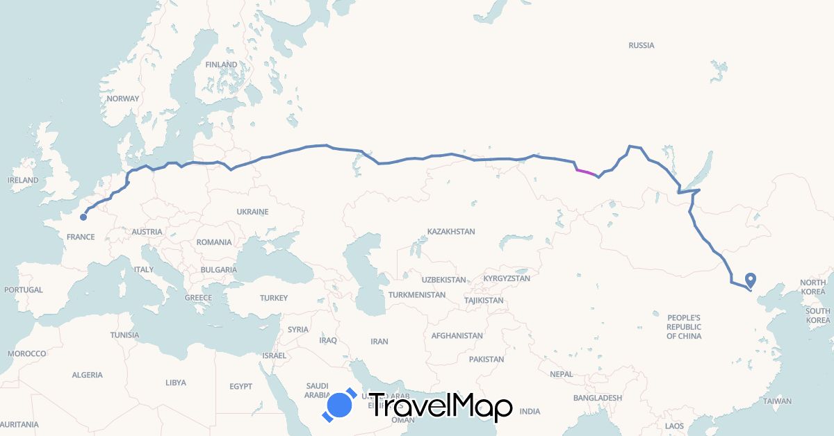 TravelMap itinerary: cycling, train in Belarus, China, Germany, France, Kazakhstan, Lithuania, Mongolia, Poland, Russia (Asia, Europe)
